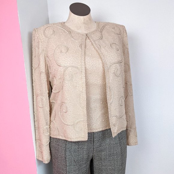 Vintage 90s Cream Beaded Two Piece Tank Top And Evening Jacket Set - Picture 2 of 15